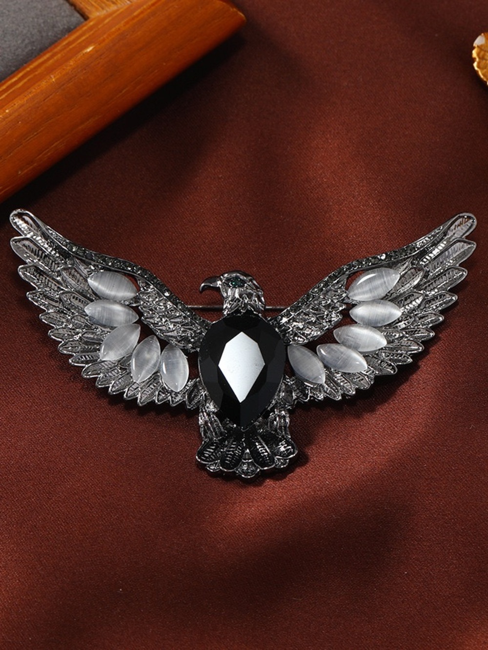 Black Eagle Brooch Pin with Black Crystal & Cat’s Eye Stones – Bird Lapel Pin.